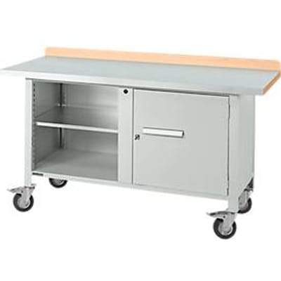 Verrijdbare werkbank Schäfer Shop Select PWi 150-1, beuken decor multiplex blad, met stalen afdekking, tot 400 kg, B 1500 x D 700 x H 840 mm