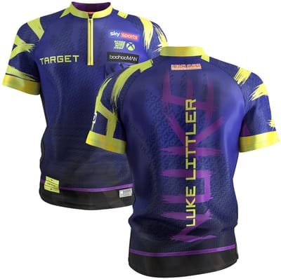 Target Darts Luke Littler Officieel Dartshirt 2026 The Nuke Volwassenen Maat M - Polymesh Microvezel Stof - Kraagloze Dartkleding met Ventilatiesysteem - Paars Navy Geel Design