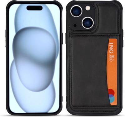 Armordrop Hoesje Met Pasjeshouder Geschikt Voor iPhone 15 PLUS - Backcover Hoesje Met Portemonnee - Ruimte Voor 3 Pasjes - Zwart