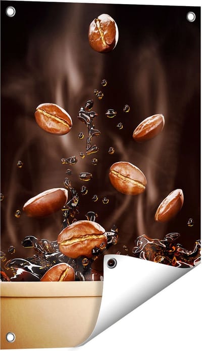 Gards Tuinposter Koffie Beker met Koffiebonen Erin - 40x60 cm - Tuindoek - Tuindecoratie - Wanddecoratie buiten - Tuinschilderij