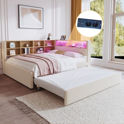 MIVRAY Slaapbank 140x200 Cm Met Uitschuifbed 90x190 Cm Zonder Matras - Ledverlichting En Oplaadpoorten - Met Opbergvakken - Flanel - Beige