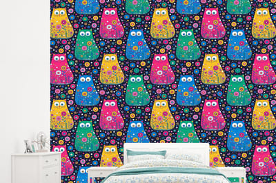 Behang - Fotobehang Kat - Regenboog - Bloemen - Breedte 265 cm x hoogte 240 cm