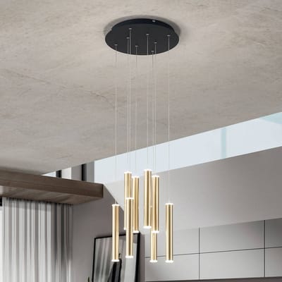 Fabas Luce Hanglamp Prado, goud, 8-lamps, Ø 40 cm, dimbaar