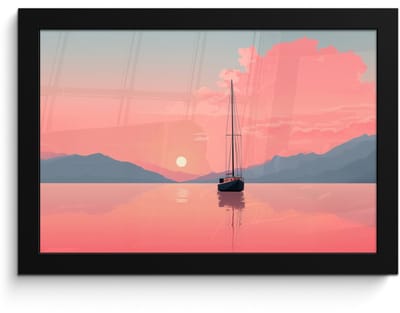 Poster in lijst - Fotolijst 30x20 cm - Posters - Zeilboot - Roze zee - Zonsondergang - Bergen - Posterlijst zwart - Decoratie - Wanddecoratie woonkamer - Muurdecoratie slaapkamer