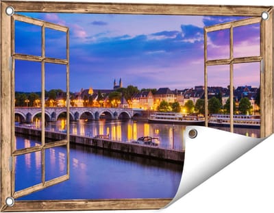 Gards Tuinposter Doorkijk Maastricht Maas Rivier bij de Sint Servaasbrug - 60x40 cm - Tuindoek - Tuindecoratie - Wanddecoratie buiten - Tuinschilderij