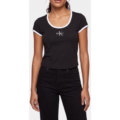 Calvin Klein Ss Monologo Scoop Neck Top Black Taglia: XS | Maglie Sportivi Outlet | Donna | Nero