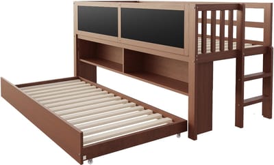Kinderbed - Huisbed - Uitschuifbaar bed - Massief hout - Met krijtbord - Met opbergruimte - Met ladder - Kinderkamer - 90x200 cm - 1 Stuk - Bruin