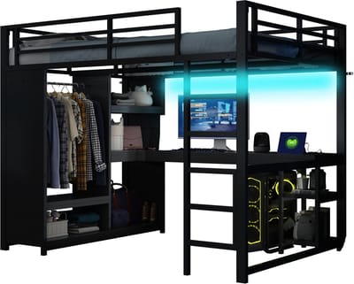 REDOM Hoogslaper – 140x200 cm – Met bureau & open kledingrek – LED-verlichting & laadstation – Metaal – Zwart
