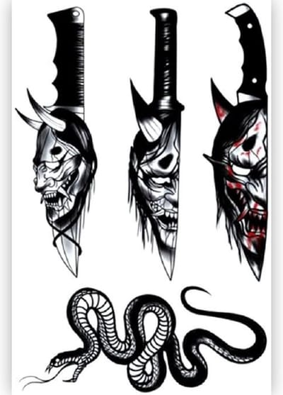 Temporary Tattoo Duivel/Devil/Mes/Horror/Halloween (A5 formaat) [Neptattoo - Tijdelijke tatoeage - Nep Fake Tattoos - Water Overdraagbare Sticker Henna - Glitter Tattoo Set - Plak Tattoos - Nep Tatoeage - Festival Tattoes]