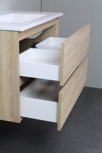 Basic Bella Badkamermeubelset - 80x55x46cm - 1 wasbak - Keramiek - Wit - 1 kraangat - Zonder spiegel - MDF Eiken