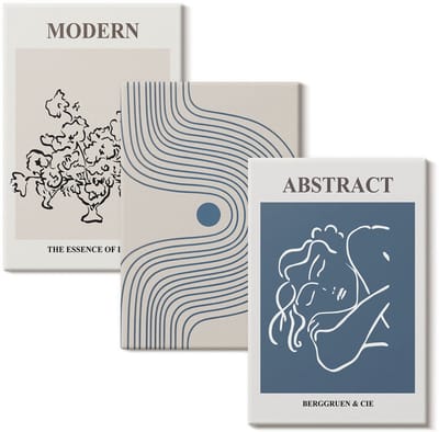 Wallfluent Set van canvas schilderijen - Posters met bloemenlijnen en abstracte vormen Canvas Schilderijen Set - set 3 stuks 20x30 cm - Blauw Set van Canvas Prints - Deel Canvas Kunst Set - Boheemse Canvas Kunst Set