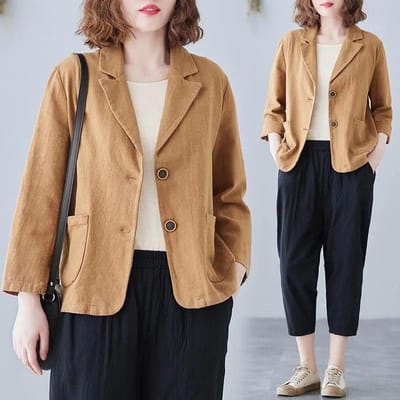 Costume Court en Coton et Lin Veste pour Femme Artistique Surdimensionné Ample Décontracté Manches Longues Haut de Costume L kaki
