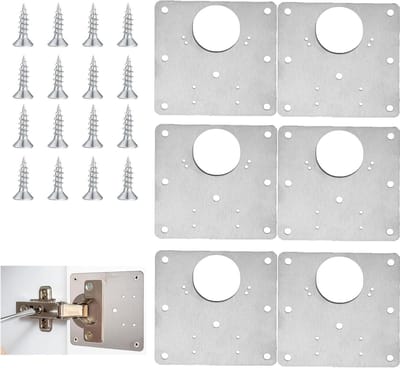 Complete 6-delige scharnierreparatieset met schroeven, klemmen en roestvrijstalen reparatieplaten voor het herstellen van keukenkastdeuren en meubels.