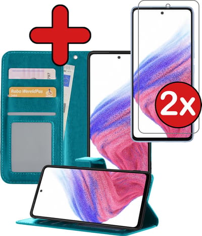 Hoesje - Met 2x Screenprotector - Geschikt voor Samsung Galaxy A53 - Luxe Pasjeshouder - Flip Case - Bookcase Portemonee - Kunstleer Book Case - Flipcase Hoes - Book Cover - Walletcase - Portemonneehoes - Telefoonhoes - Turquoise