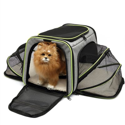 Pets Draagtas Hond - Dierendraagtas Maat M - Uitbreidbare Transporttas - Ademende Opvouwbare Schoudertas - Met Afneembaar Matras - Voor Honden En Katten - Voor Kamperen - Wandelen - Dagelijks Gebruik - Huisdier Transportkooi - Grijs en groente