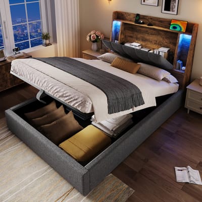 STILVORA Gestoffeerd bed 90x200 cm – Eenpersoonsbed USB/Type-C oplaadfunctie – Flip-top opbergvak & LED – Voor slaapkamer – Linnen/MDF – Grijs – Zonder matras