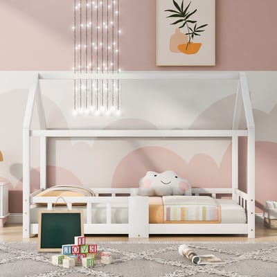 Kinderbed huisbed 90 x 200 cm Houten bed voor kinderkamer incl. bord Lattenbodems Valbeveiliging - van pijnboomhout Wit (zonder matras)