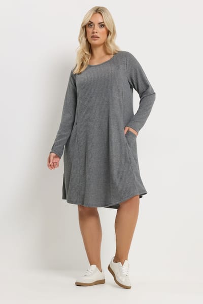 Yours Grijze Geribbelde Jurk Met Zakken Size 50-52