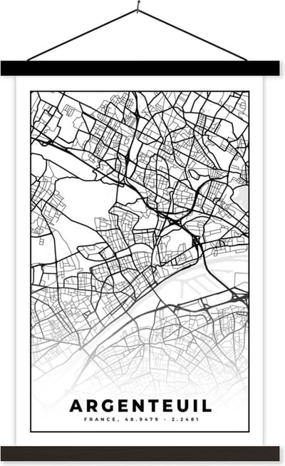 Posterhanger incl. Poster 40x60 cm - Schoolplaat - Stadskaart - Plattegrond - Argenteuil - Kaart - Frankrijk - Zwart wit - Textielposter - Zwarte latten - Stadskaart