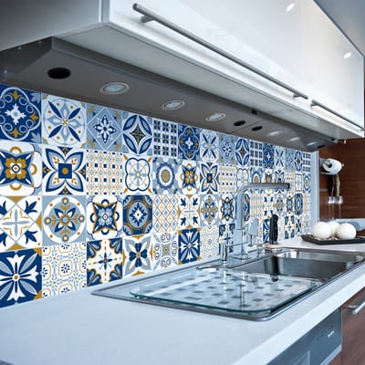 Zelfklevende tegelmuurstickers voor keuken en badkamer - 9 cementtegelstickers, AZULEJOS-stijl, FABA - 9 stickers, 10x10 cm