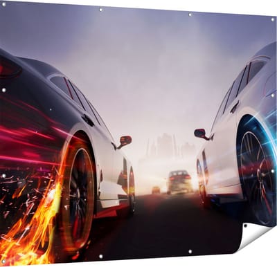 Gards Tuinposter Twee Raceauto's - Blauw Tegen Rood - 150x120 cm - Tuindoek - Tuindecoratie - Wanddecoratie buiten - Tuinschilderij