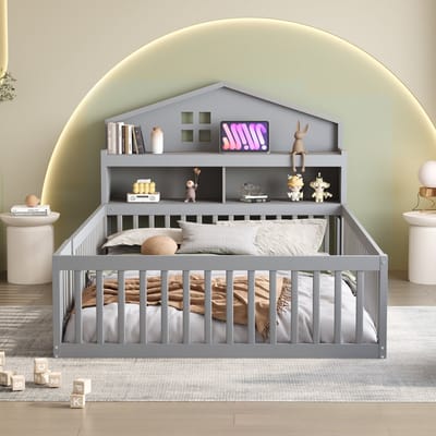 Kinderbed 140x200cm - met huisvormig paneel - met opbergruimte - met beschermhekje en deur - met boekenplank - grijs - zonder matras
