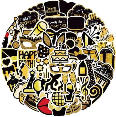 Winkrs | 50 Gouden Verjaardag Stickers | Happy Birthday | feestje, party, champagne | Stickers voor drinkbeker, laptop, muur, kast etc.