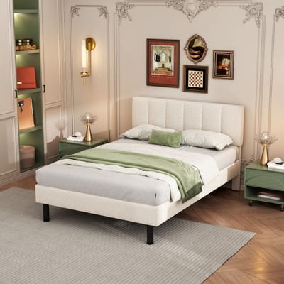 MODFU Bedframe 140x190 cm – Gestoffeerd met Zachte Sherpa Stof – Pluizige Textuur – Beige – Modern Minimalistisch Bed voor Slaapkamer