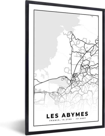 Fotolijst incl. Poster Zwart Wit- Frankrijk - Les Abymes - Kaart - Plattegrond - Stadskaart - Zwart wit - 40x60 cm - Posterlijst
