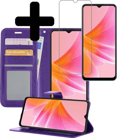 Hoesje - Met Screenprotector - Geschikt voor OPPO A57 - Luxe Pasjeshouder - Bookcase Portemonee - Flip Case - Kunstleer Book Case - Flipcase - Book Cover - Walletcase - Portemonneehoes - Telefoonhoesjes - Paars
