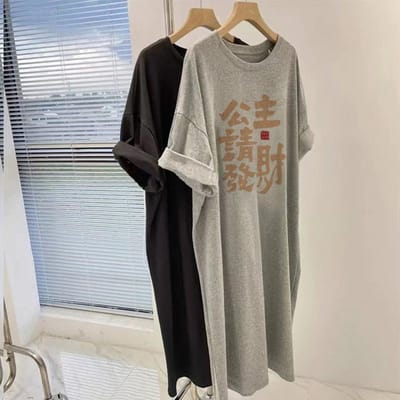 T-shirtrok van puur katoen voor dames, zomer, grote maat, losvallend, medium en lang, T-shirt met korte mouwen, top, temperamentvol, dun, knielengte jurk M gray