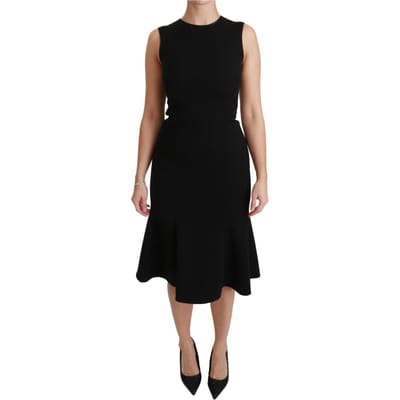 Dolce & Gabbana Dameszwarte Fleurige Wollen Stretch Sheath Jurk