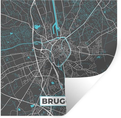 Muurstickers - Sticker Folie - Plattegrond – Brugge – Blauw – Stadskaart - Kaart - België - 100x100 cm - Plakfolie - Muurstickers Kinderkamer - Zelfklevend Behang XXL - Zelfklevend behangpapier - Stickerfolie