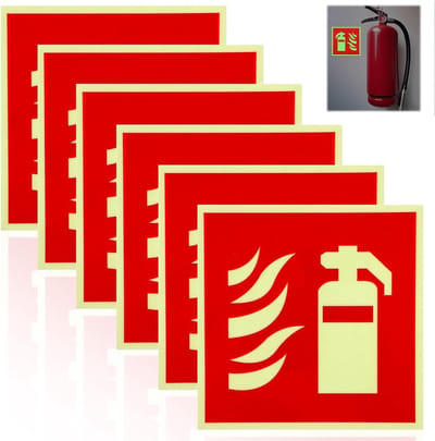 Luminous Brandblusser Signaal in het Donker - 6 Stuks Zelfklevend 15 x 15 cm, UV-Bestendig en Waterdicht, Ideaal voor Thuis, Kantoor en Bouwlocaties