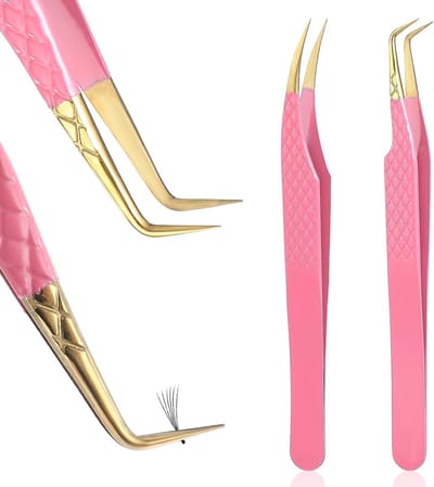 Set van 2 Professionele Wimperpincetten van Roestvrij Staal met Gebogen Punt voor Wimperextensions en Make-up Toepassingen, Roze