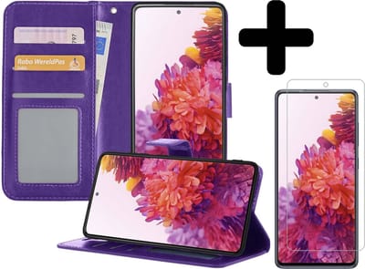 Hoesje - Met Screenprotector - Geschikt voor Samsung Galaxy S20 FE - Luxe Pasjeshouder - Bookcase Portemonee - Flip Case - Kunstleer Book Case - Flipcase - Book Cover - Walletcase - Portemonneehoes - Telefoonhoesjes - Paars