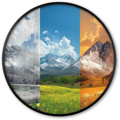 Poster in lijst Rond - Fotolijst 60x60 cm - Posters - Landschap - 4 seizoenen - Natuur - Winter - Lente - Zomer - Herfst - Ronde posterlijst zwart - Decoratie - Wanddecoratie woonkamer - Muurdecoratie slaapkamer