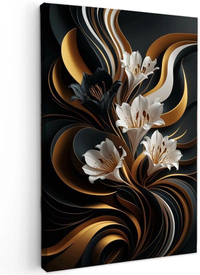Canvas schilderij - Black & Gold Elegance - 120x80 cm - Abstracte kunst - Huis decoratie woonkamer - Keuken muur schilderijen - Wanddecoratie accessoires - Kamer interieur natuur