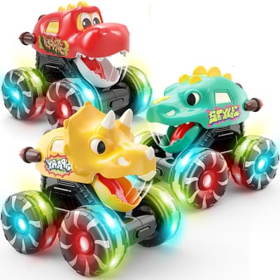 3-pack dinosaurus auto speelgoed - Kinderen Peuters - Lichtgevende wielen Monster Truck speelgoed - Voor jongens van 2, 3, 4, 5, 6, 7 en 8 jaar oud Kerst verjaardagscadeaus - Press & Go Dino Trucks speelgoed