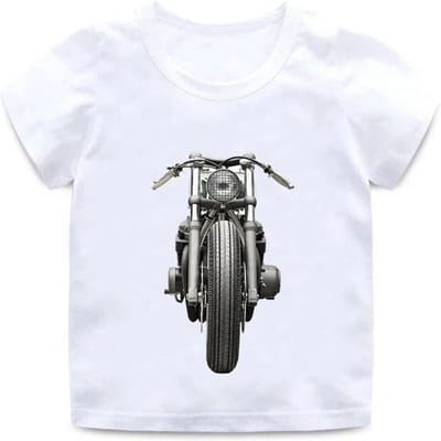 Jongens en Meisjes Katoenen T-shirt met Ronde Hals Retro Motorfiets Printpatroon Zomer Kinderen Comfortabel Universeel Casual Kleding 9T white