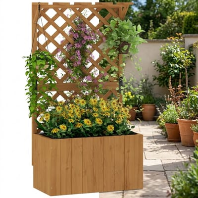 Plantenbak met klimrek - Bloembak - Weerbestendig - Met trellis - Buiten - Hout - Plantenrek - Rechthoekig - Natuurlijk Hout