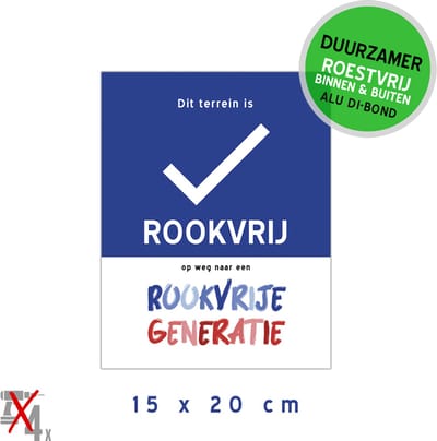 Pictogram/ bord Dibond (KLEIN) | "Dit terrein is rookvrij - Op weg naar een rookvrije generatie" | 15 x 20 cm | Roken | Rookverbod | Roestvrij | Vapen | Sigaretten | Vape | Duurzaam | Weerbestendig | 1 stuk
