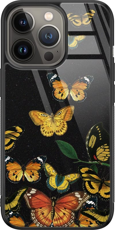 Hoesje geschikt voor iPhone 13 Pro - Vlinders - Luxe Glazen Hardcase - Hippe print - Multi - Leuke Telefoonhoesjes
