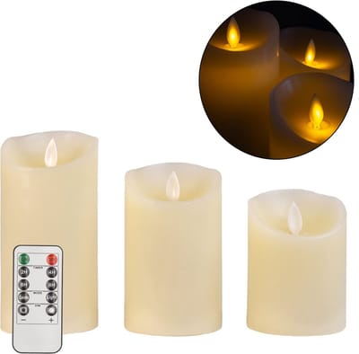 Intirilife 3x kaarsen vlamloze LED kaarsen van was in wit - 7,5 x 15 / 12,5 / 10 cm - zuilkaars met afstandsbediening op batterijen decoratie idee warm licht kaarslicht