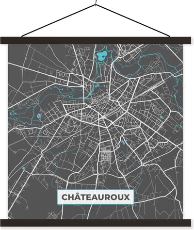 Posterhanger incl. Poster 60x60 cm - Schoolplaat - Frankrijk - Plattegrond - Kaart - Châteauroux - Stadskaart - Textielposter - Zwarte latten - Stadskaart