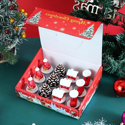 Set van 12 Kerstkaarsen voor Decoratie, Theelichten en Cadeaus voor Vrouwen en Kinderen, Kerstversiering met Boerderij, Huis en Dennenappels