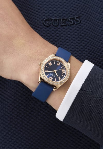Guess Mini Luna Quartz Analoog Horloge Blauw Kast Gemaakt Van 100% Roestvrij Staal En Een Armband Van 100% Siliconen 30 GW1000L1, GW1000L3, GW1000L4