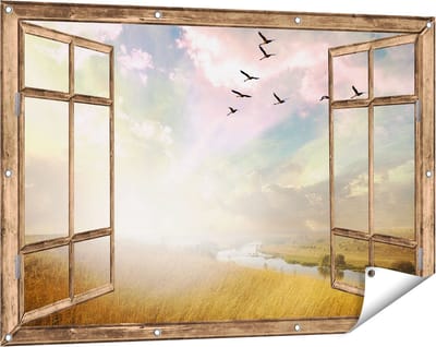 Gards Tuinposter Doorkijk Groep Vogels Vliegen Boven het Gras - 120x80 cm - Tuindoek - Tuindecoratie - Wanddecoratie buiten - Tuinschilderij