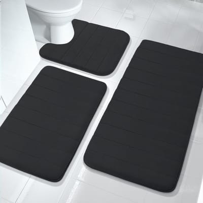 Badmat Set - Traagschuim Matten - Badkamer Comfort - Sneldrogend Absorberend - 3 Delig - Zwart