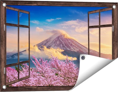Gards Tuinposter Doorkijk Fuji Berg met Roze Bloesembomen - Bloemen - 60x40 cm - Tuindoek - Tuindecoratie - Wanddecoratie buiten - Tuinschilderij